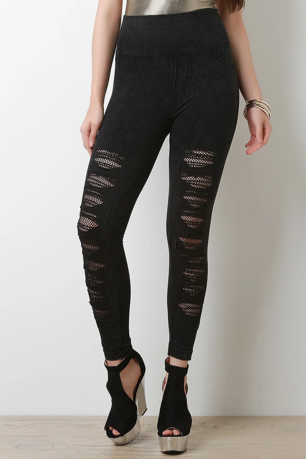 Mineral Wash Distressed Fishnet Insert High Rise Leggings