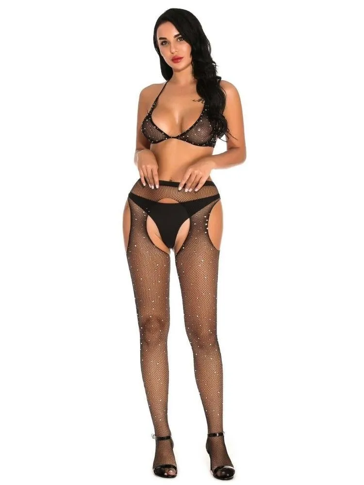 Miss Naughty Rhinestone Fishnet Open Body Tights