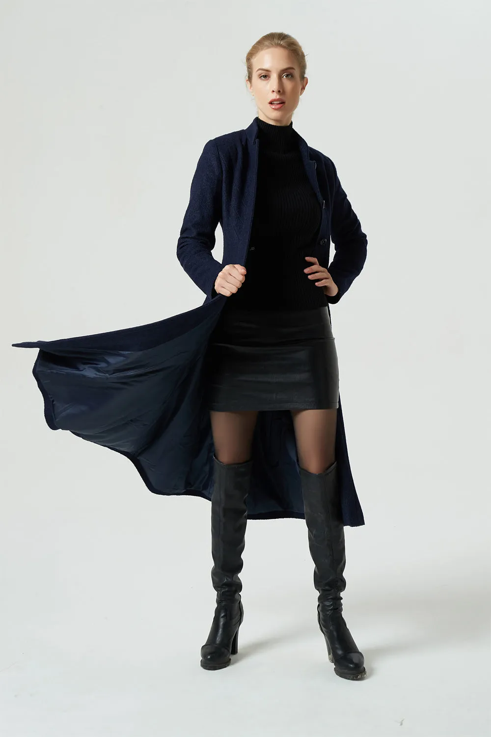 navy blue midi wool coat for women 1951#