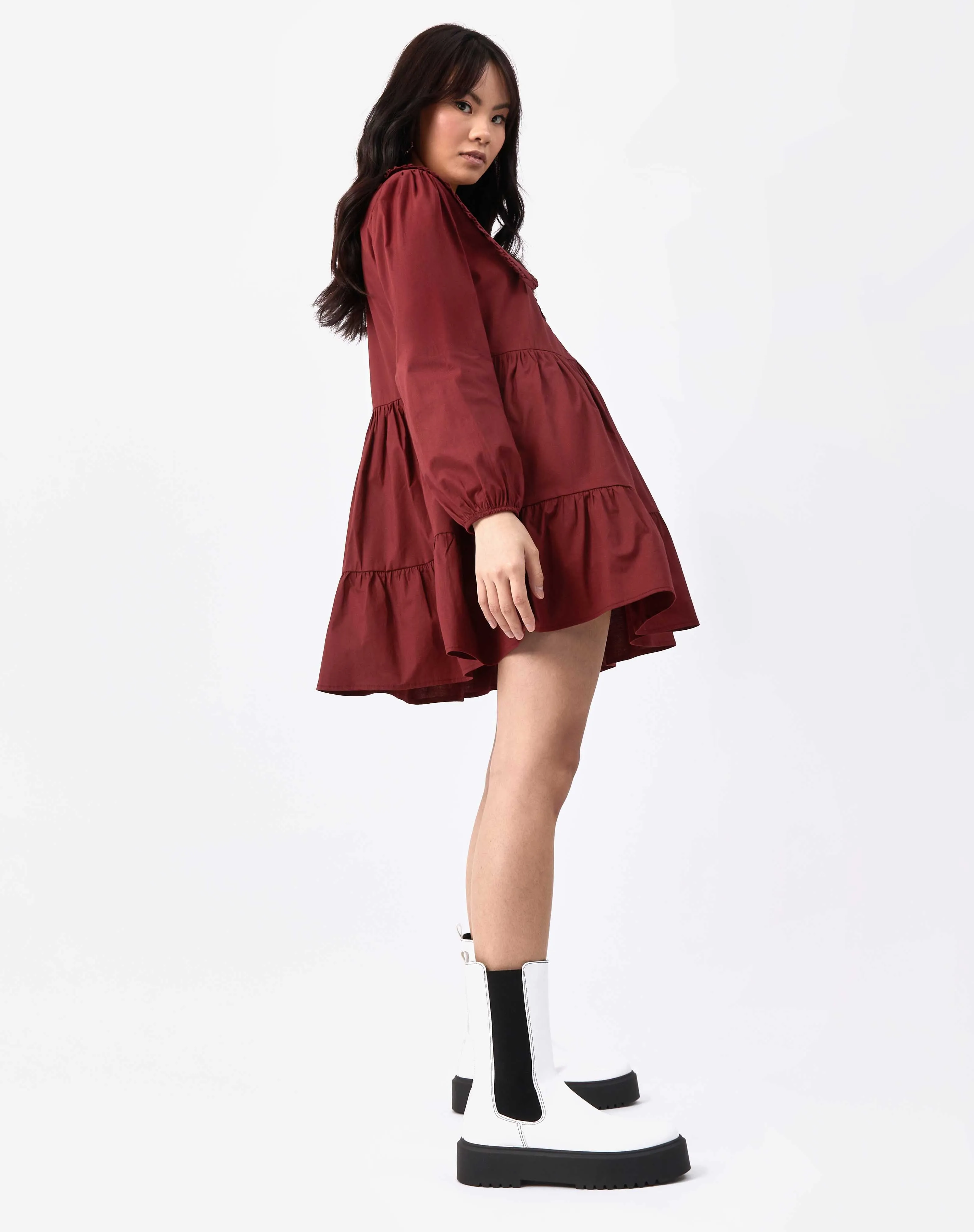 Oversized Collar Cotton Mini Dress in Burgundy | Alice