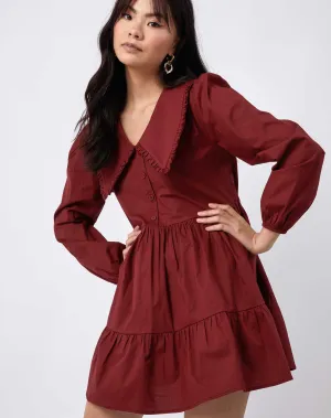 Oversized Collar Cotton Mini Dress in Burgundy | Alice