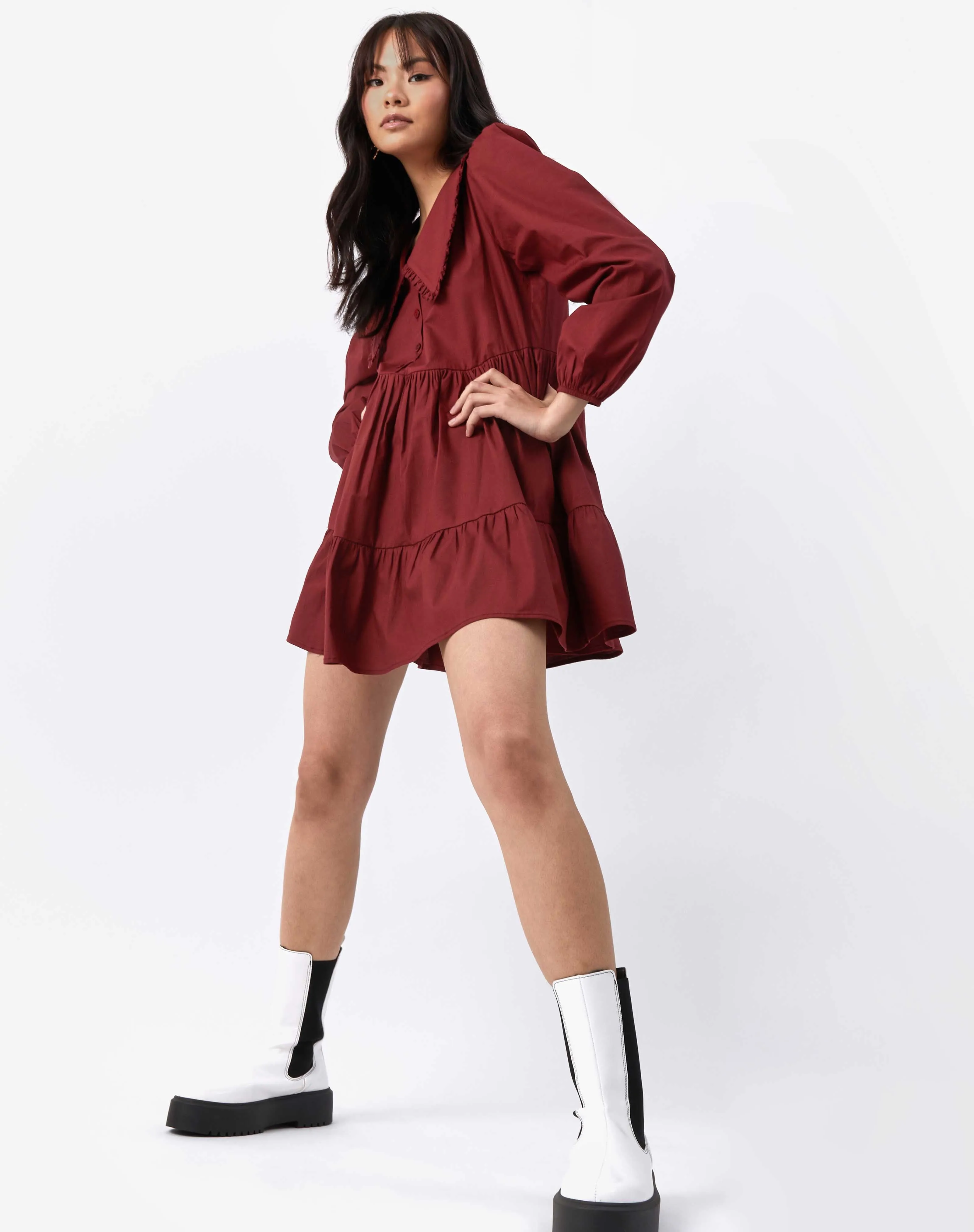 Oversized Collar Cotton Mini Dress in Burgundy | Alice