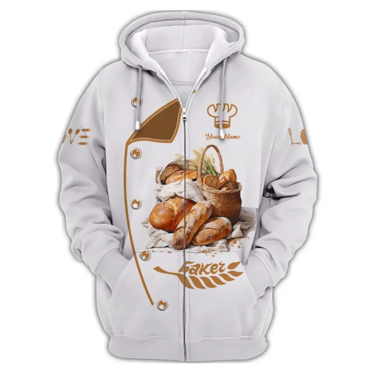 Personalized Baker 3D Sweatshirt Hoodie Shirt, Freshly Baked Bread & Golden Wheat Motif