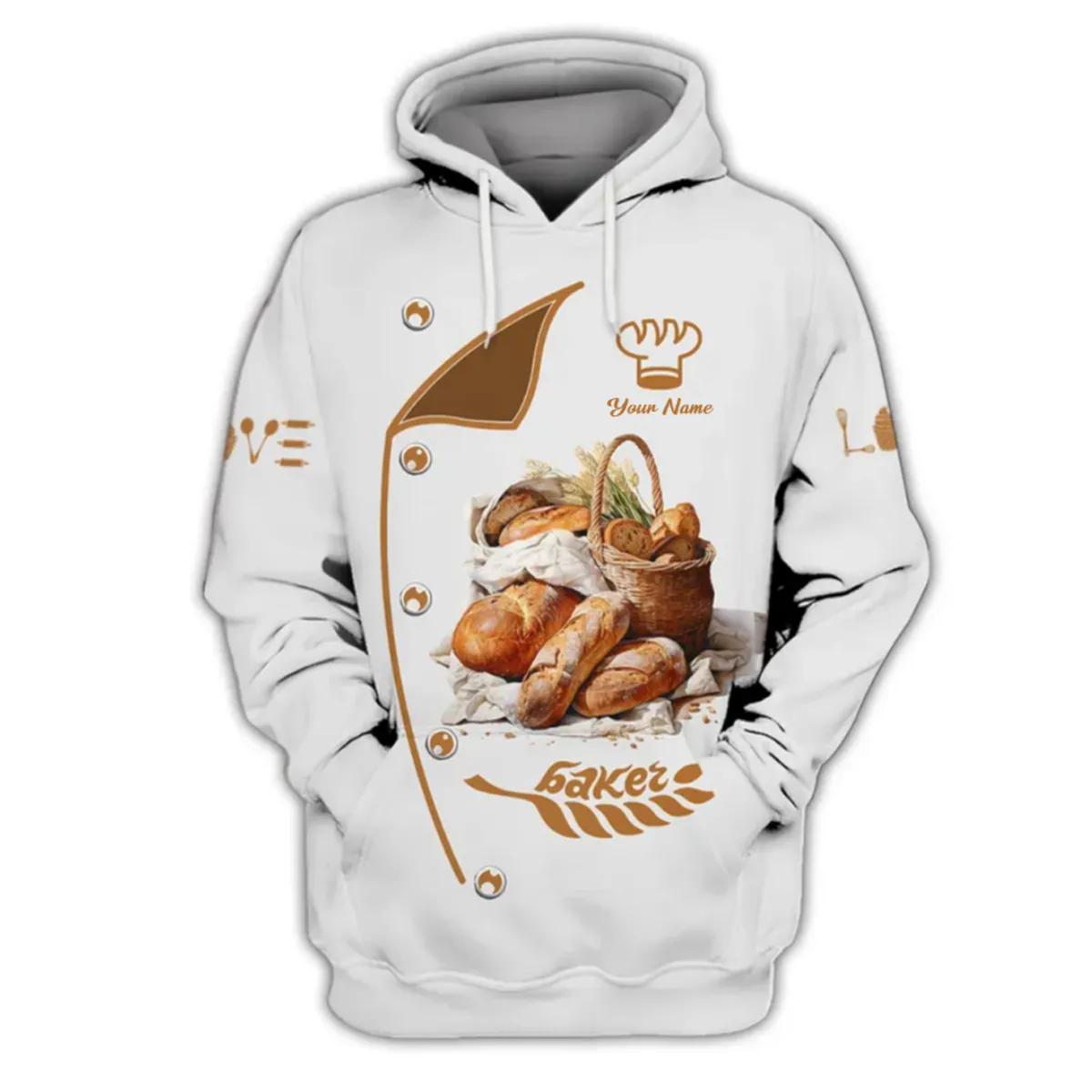 Personalized Baker 3D Sweatshirt Hoodie Shirt, Freshly Baked Bread & Golden Wheat Motif