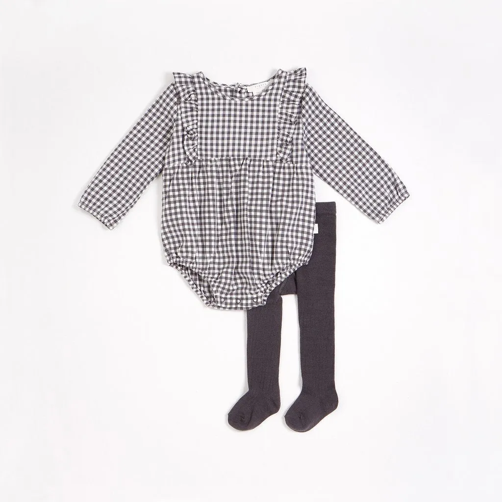 Petit Lem Charcoal Gingham Print Brushed Twill Romper with Tights