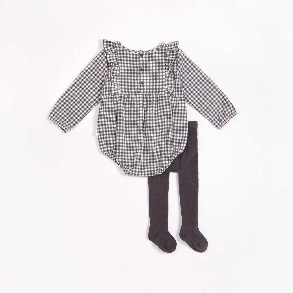 Petit Lem Charcoal Gingham Print Brushed Twill Romper with Tights