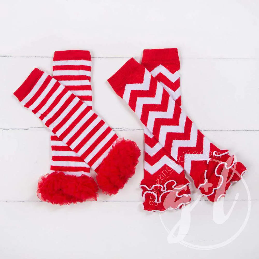 Red & White Chevron Ruffled Hem Leg Warmers