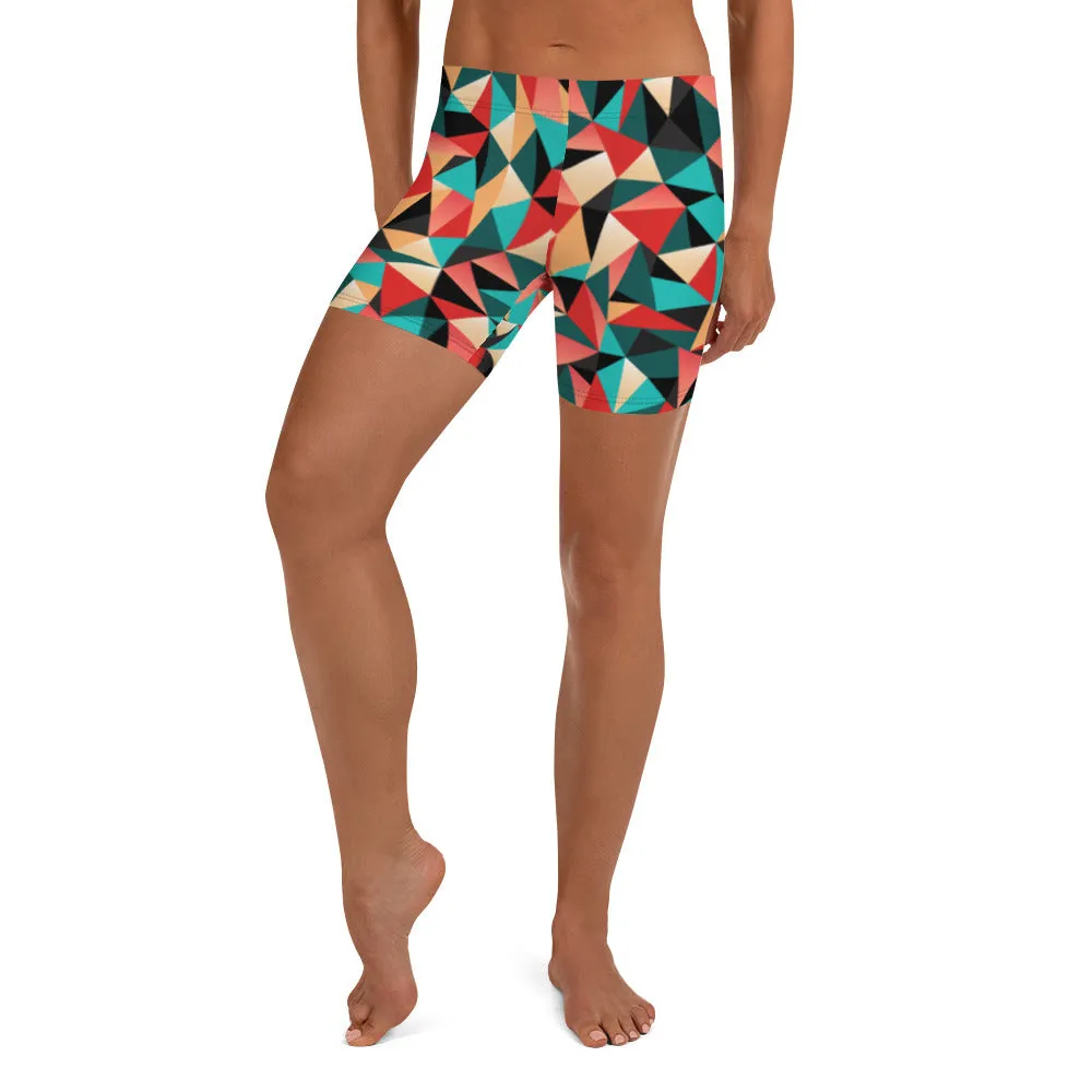 Red Geometric Women's Sports Shorts, Patterned Colorful Ladies Exercise Shorts-Made in USA/EU