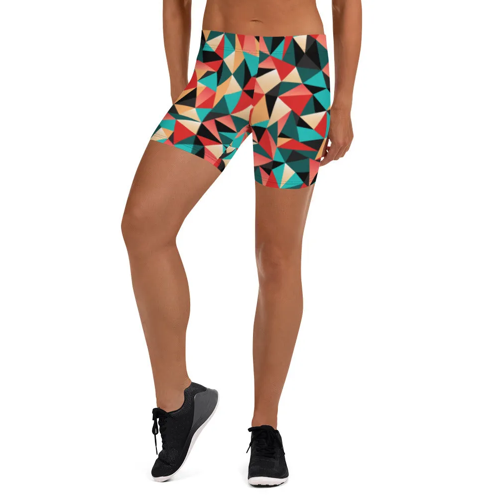 Red Geometric Women's Sports Shorts, Patterned Colorful Ladies Exercise Shorts-Made in USA/EU