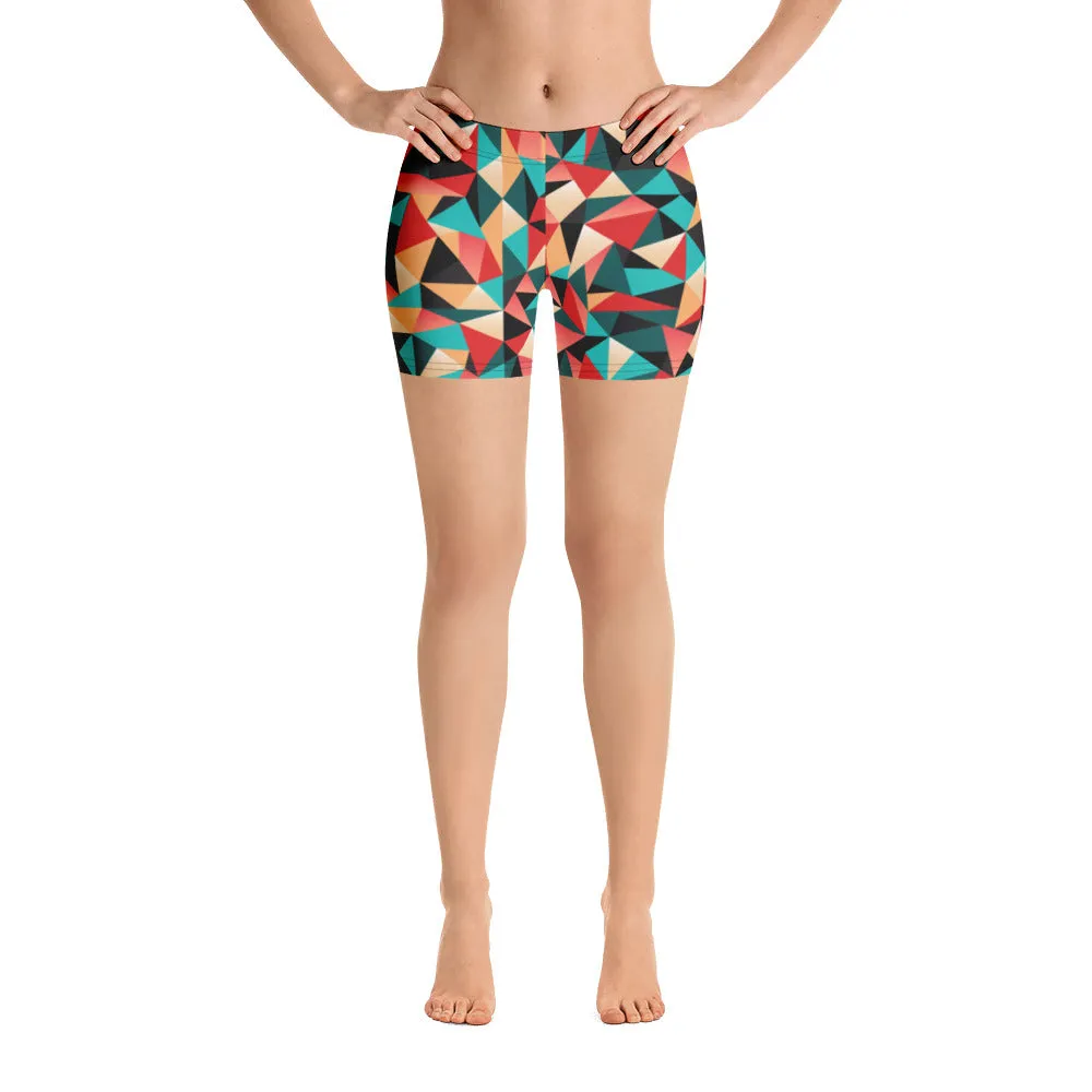 Red Geometric Women's Sports Shorts, Patterned Colorful Ladies Exercise Shorts-Made in USA/EU