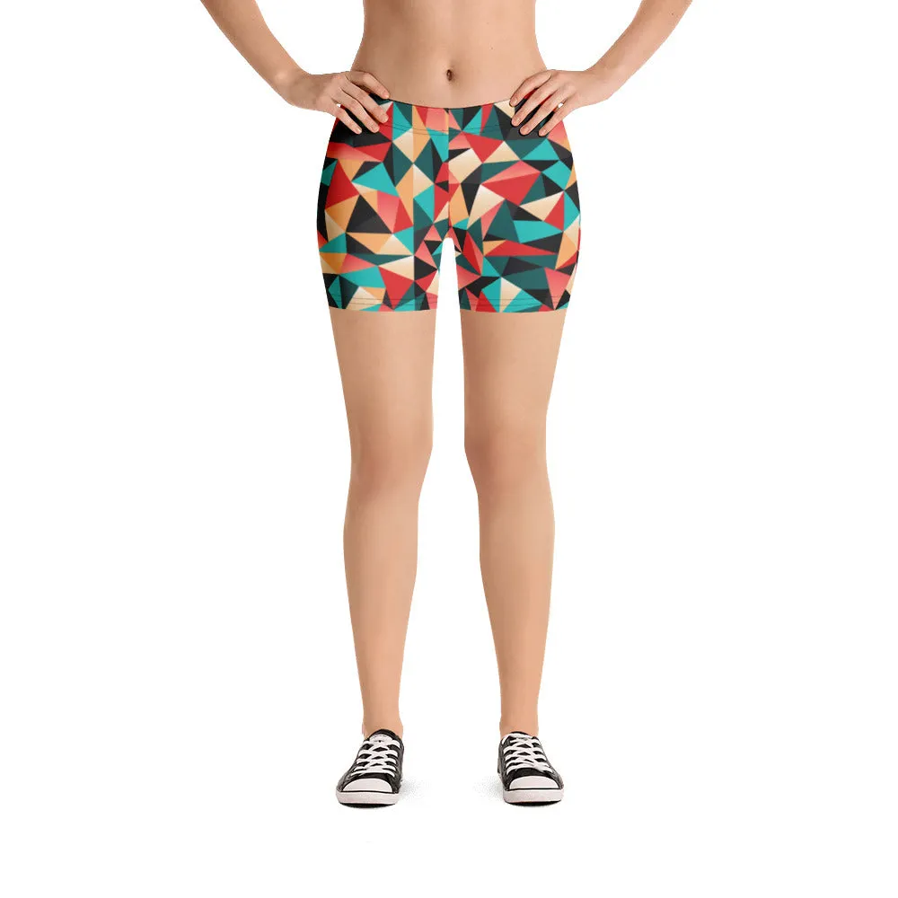 Red Geometric Women's Sports Shorts, Patterned Colorful Ladies Exercise Shorts-Made in USA/EU