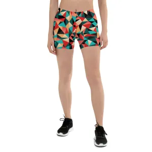 Red Geometric Women's Sports Shorts, Patterned Colorful Ladies Exercise Shorts-Made in USA/EU