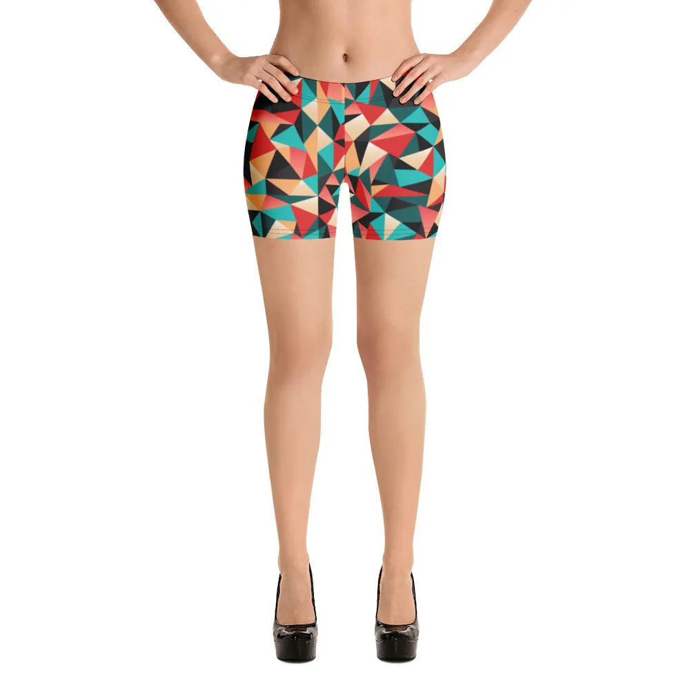 Red Geometric Women's Sports Shorts, Patterned Colorful Ladies Exercise Shorts-Made in USA/EU