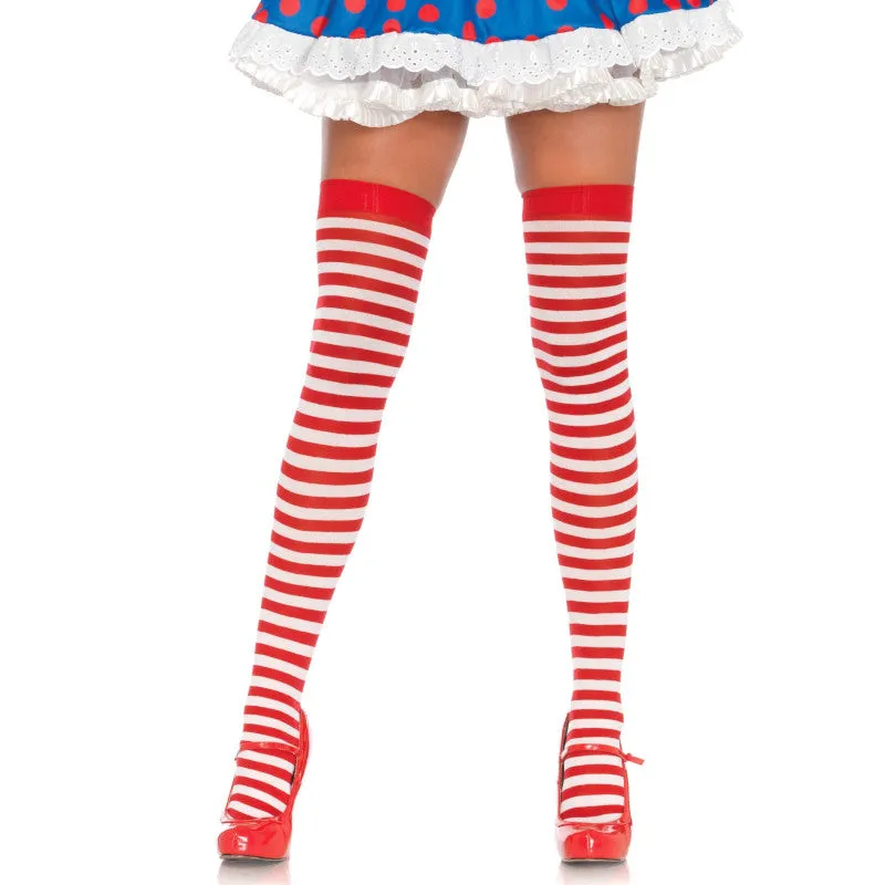 Red White Striped Nylon Thigh Highs - Leg Avenue