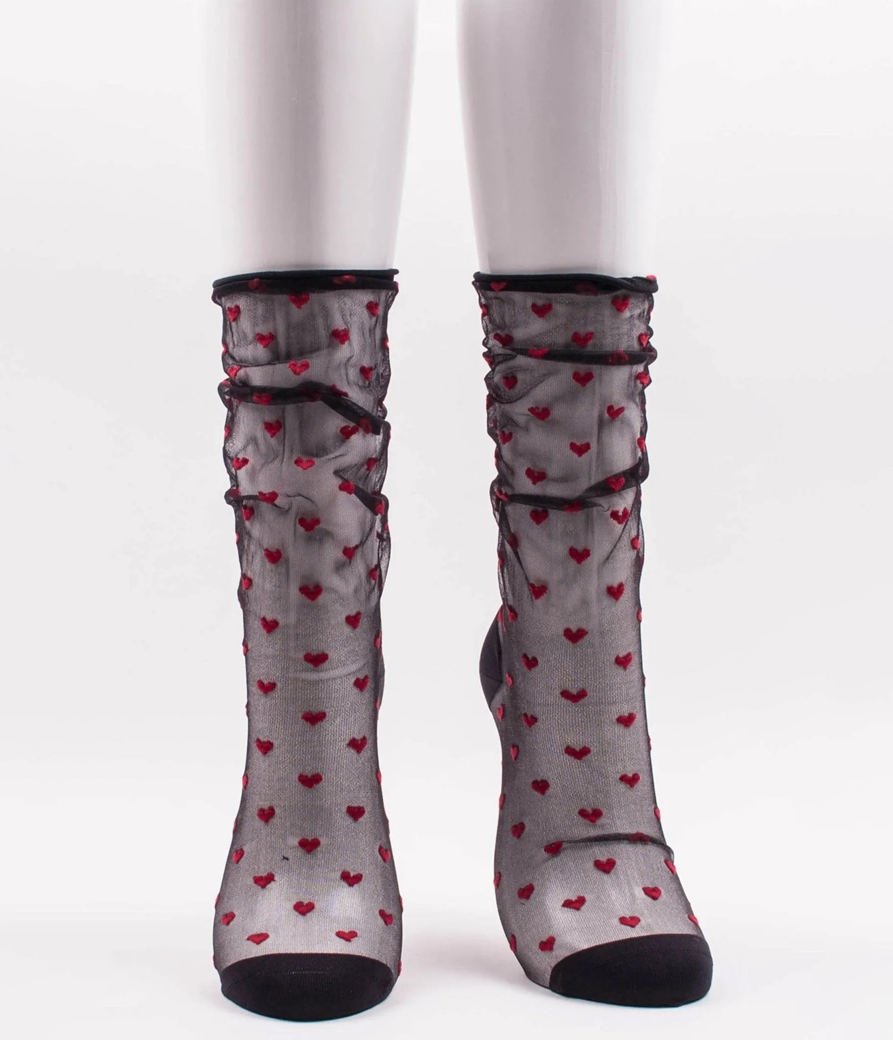 Sheer Black & Red Heart Crew Socks