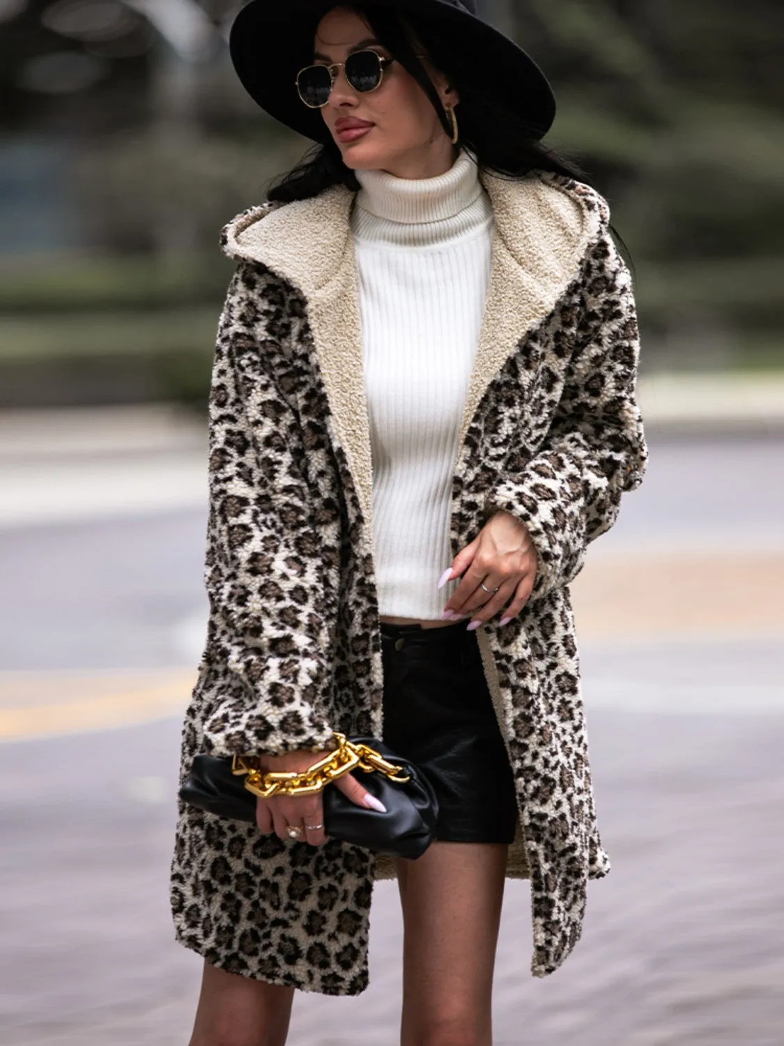 Shiny Leopard Hooded Coat with Pockets