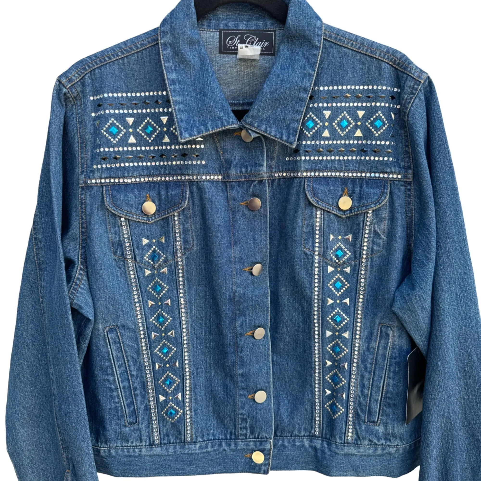 St. Clair Embellished Denim Studded Beaded Geometric Design Silver Teal Jacket L