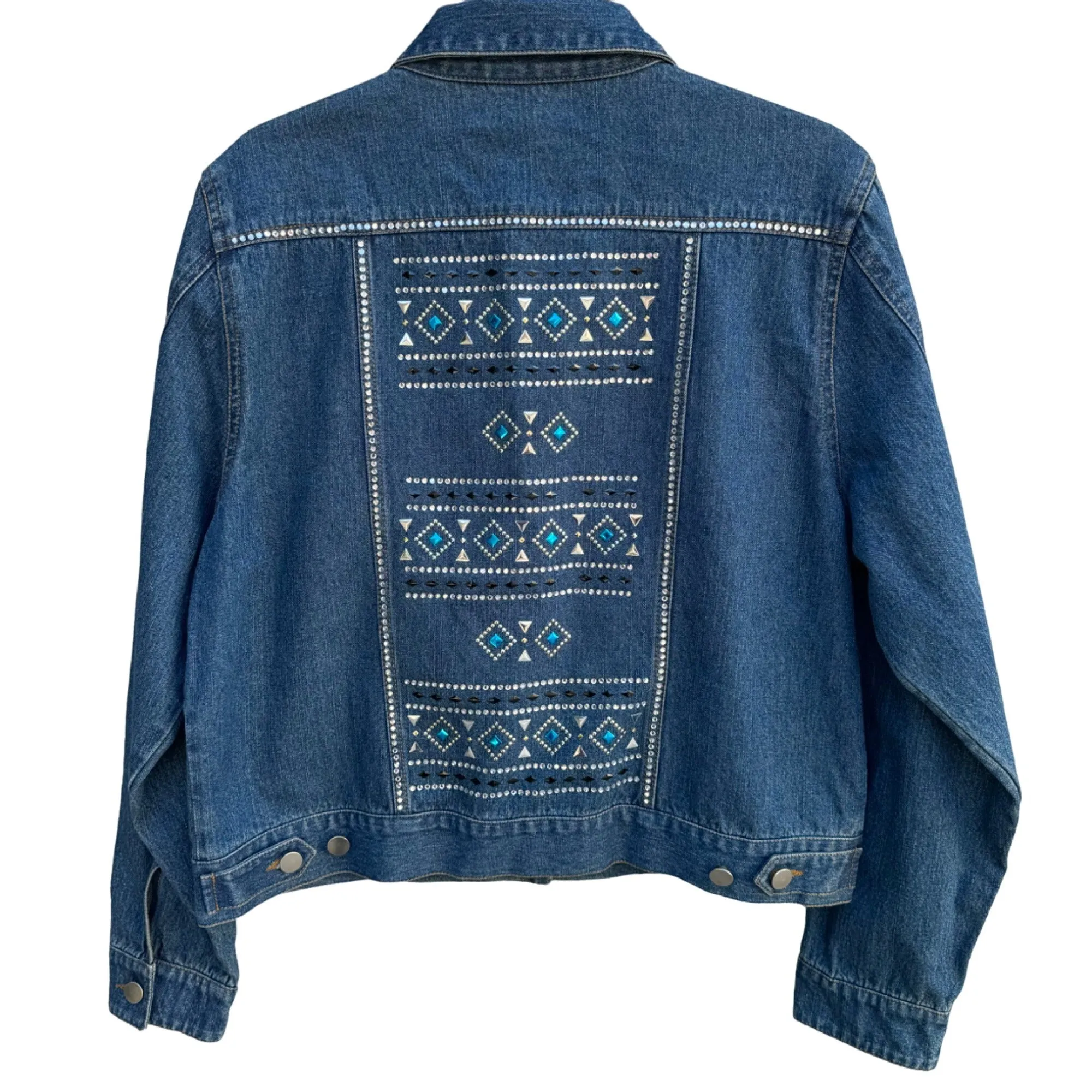 St. Clair Embellished Denim Studded Beaded Geometric Design Silver Teal Jacket L