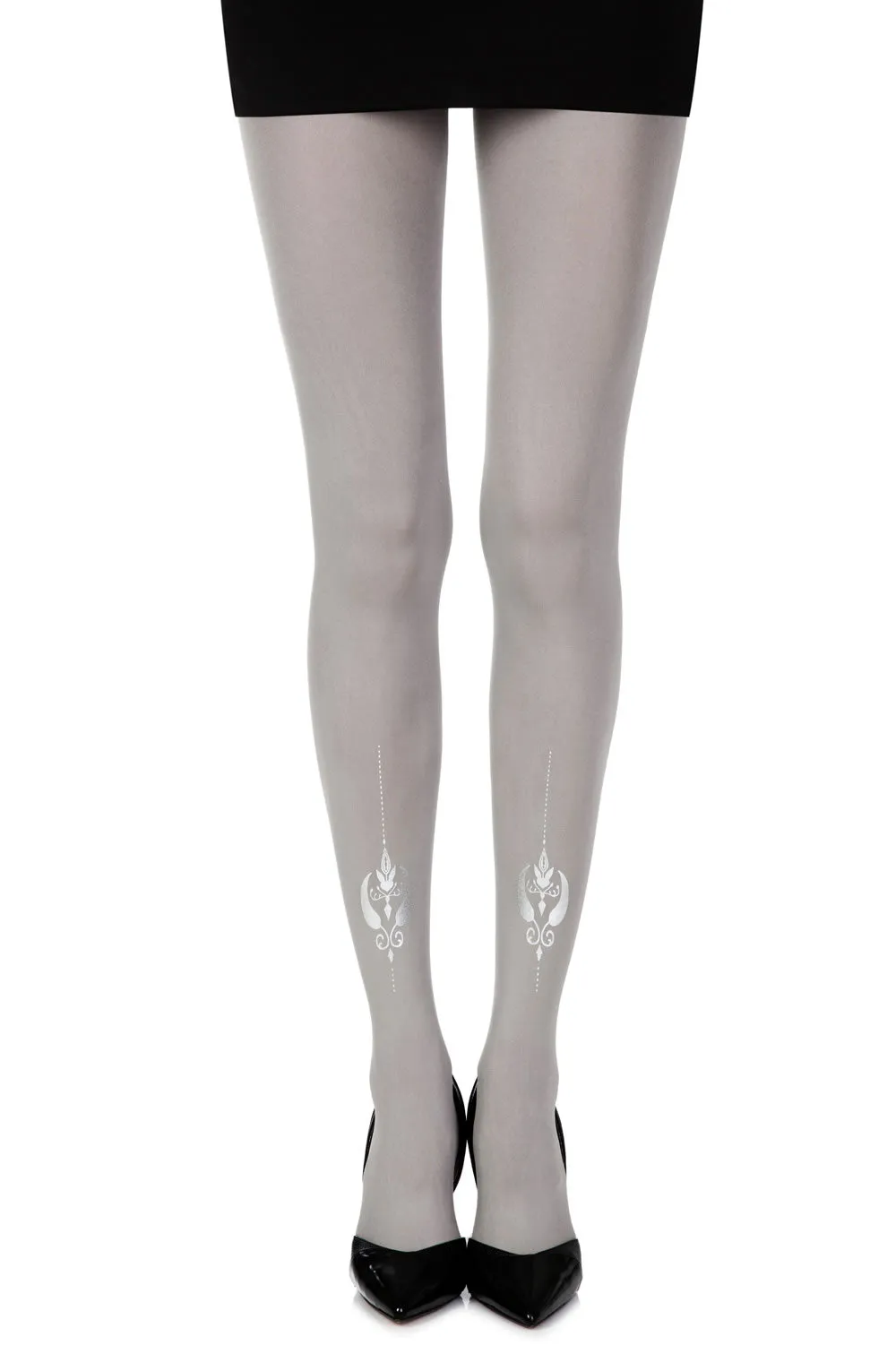 Stunning Metallic Silver Indian Print 120 Denier Opaque Grey Tights