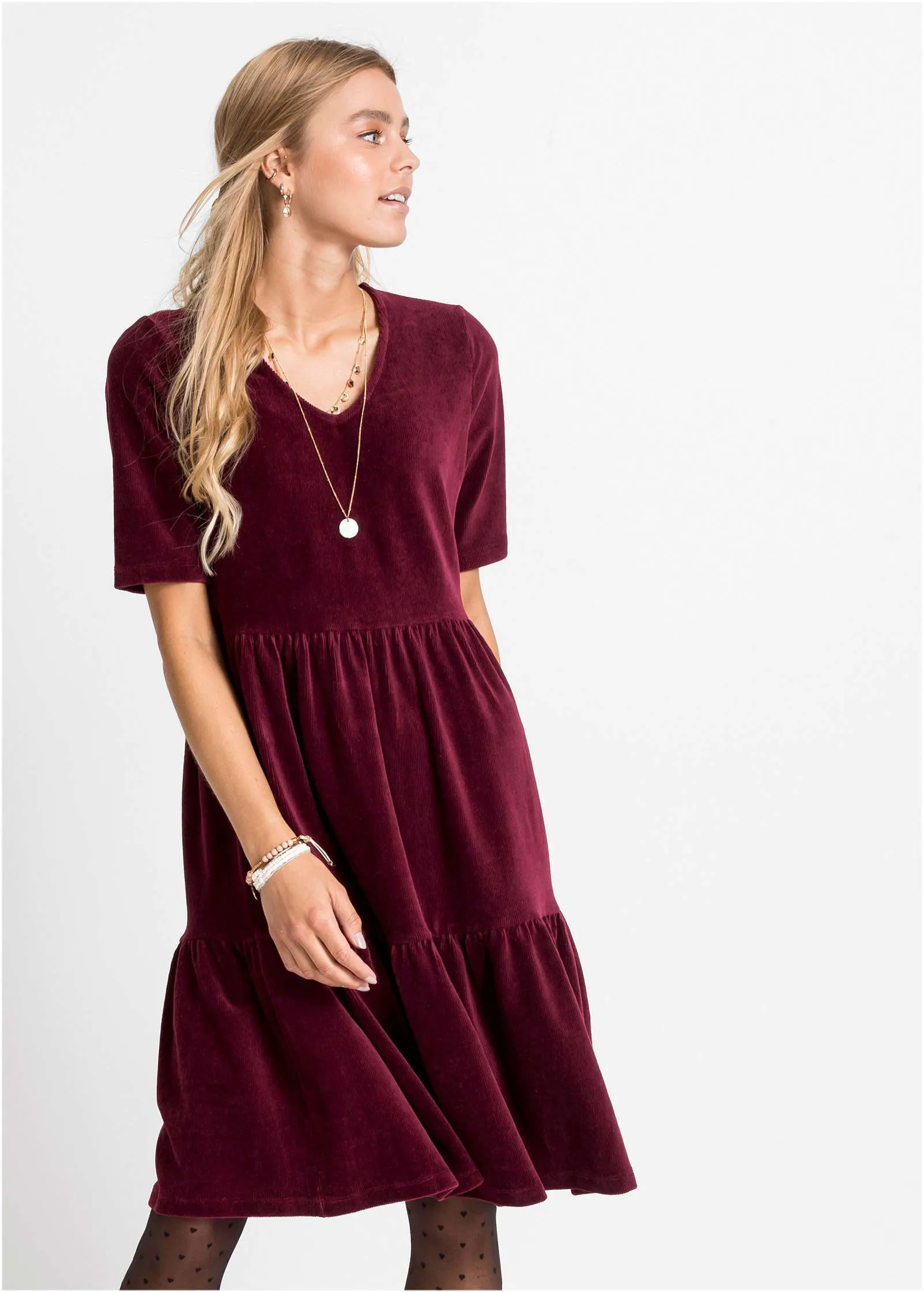 Tiered V-Neck Dress - Dark Red