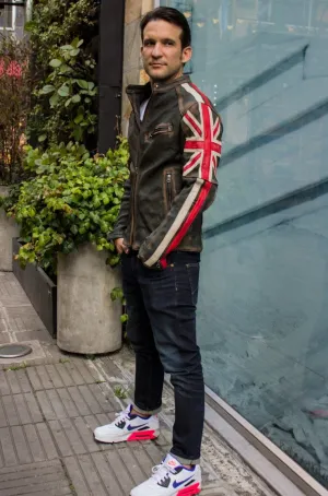 UNION JACK Leather Jacket in washed green British Flag Cafe Racer & Stripes - Limited Ed