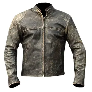 Vintage Retro Cafe Racer Moto Distressed Black Leather Jacket Mens