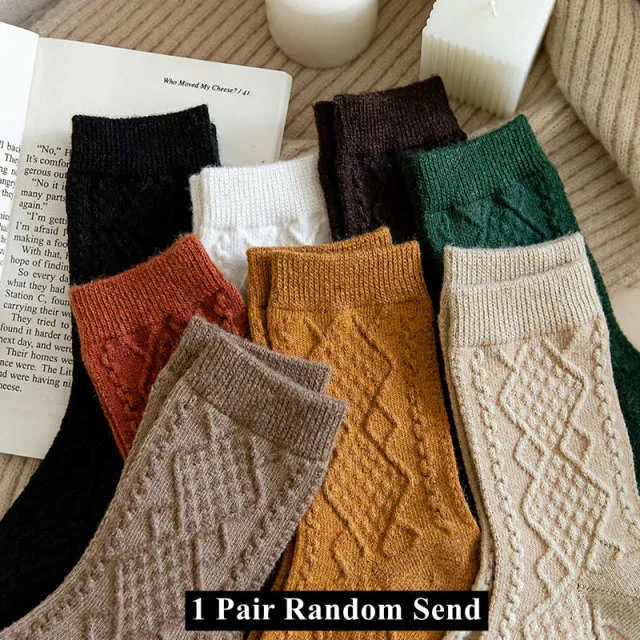 Winter Cashmere Wool Woman Socks Solid Retro Long Socks Crew Sock