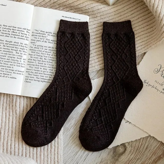 Winter Cashmere Wool Woman Socks Solid Retro Long Socks Crew Sock