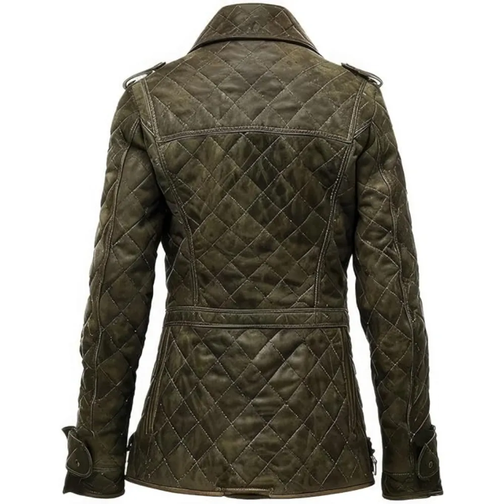 Women Diamond Quilted Olive Green Genuine Suede Leather Coat