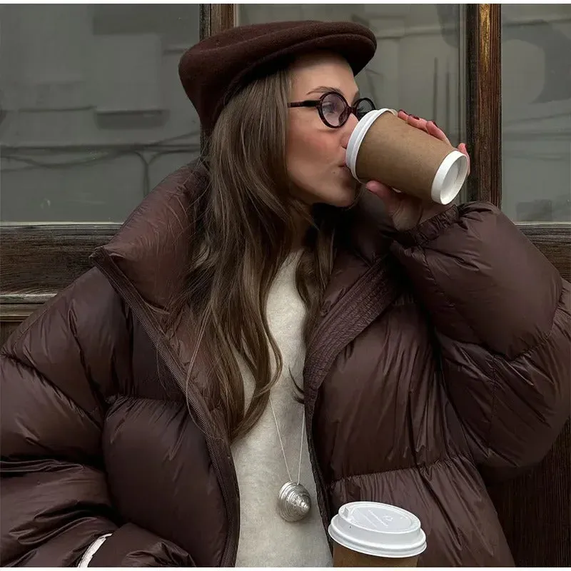 Women Vintage Chocolate Fluffy Quilted Cotton Coats Fashion Stand Collar Long Sleeves Zipper Jacket  Lady Winter Warm Outerwear