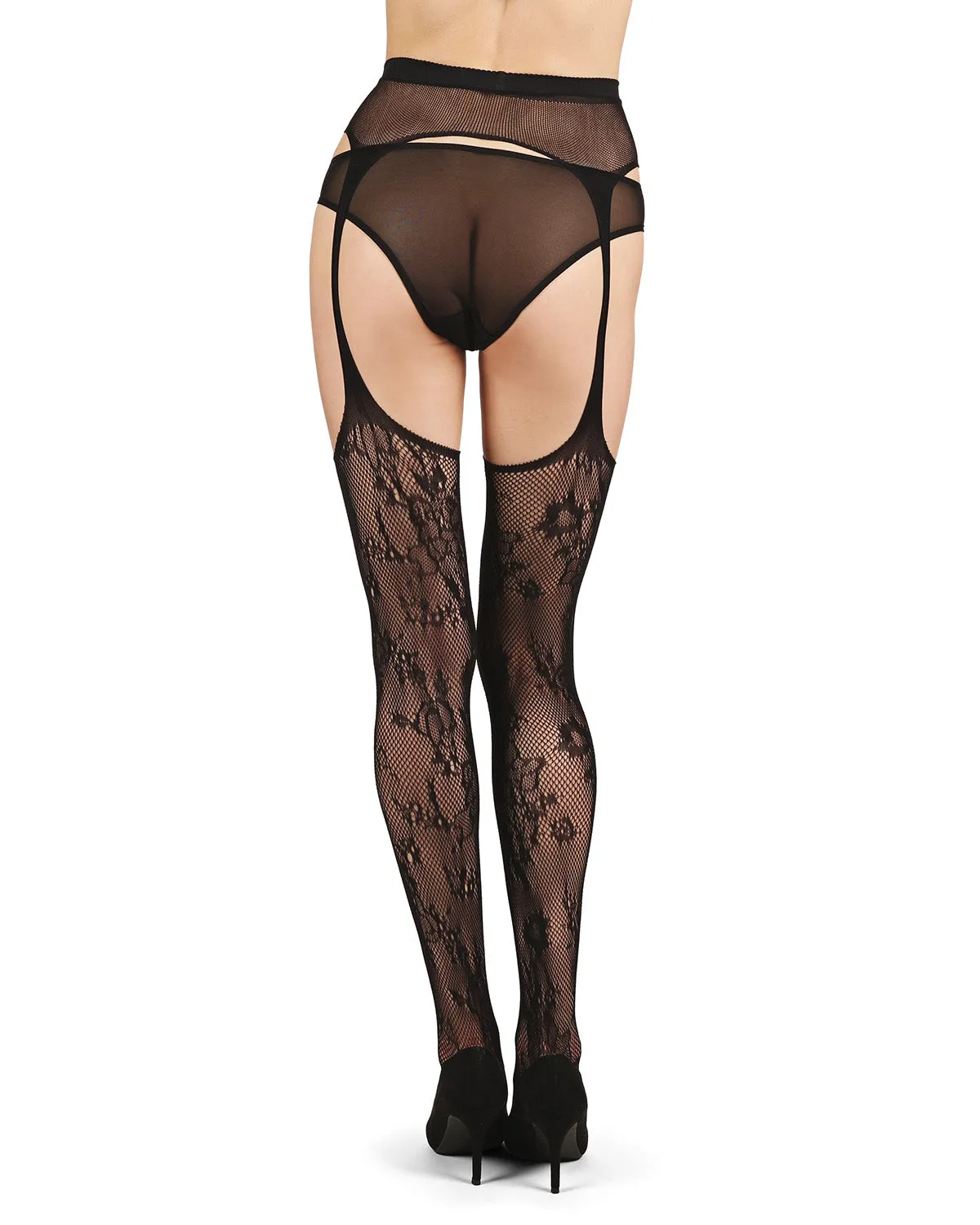 Women's All-In-One Lace Suspender Floral Fishnet Tights