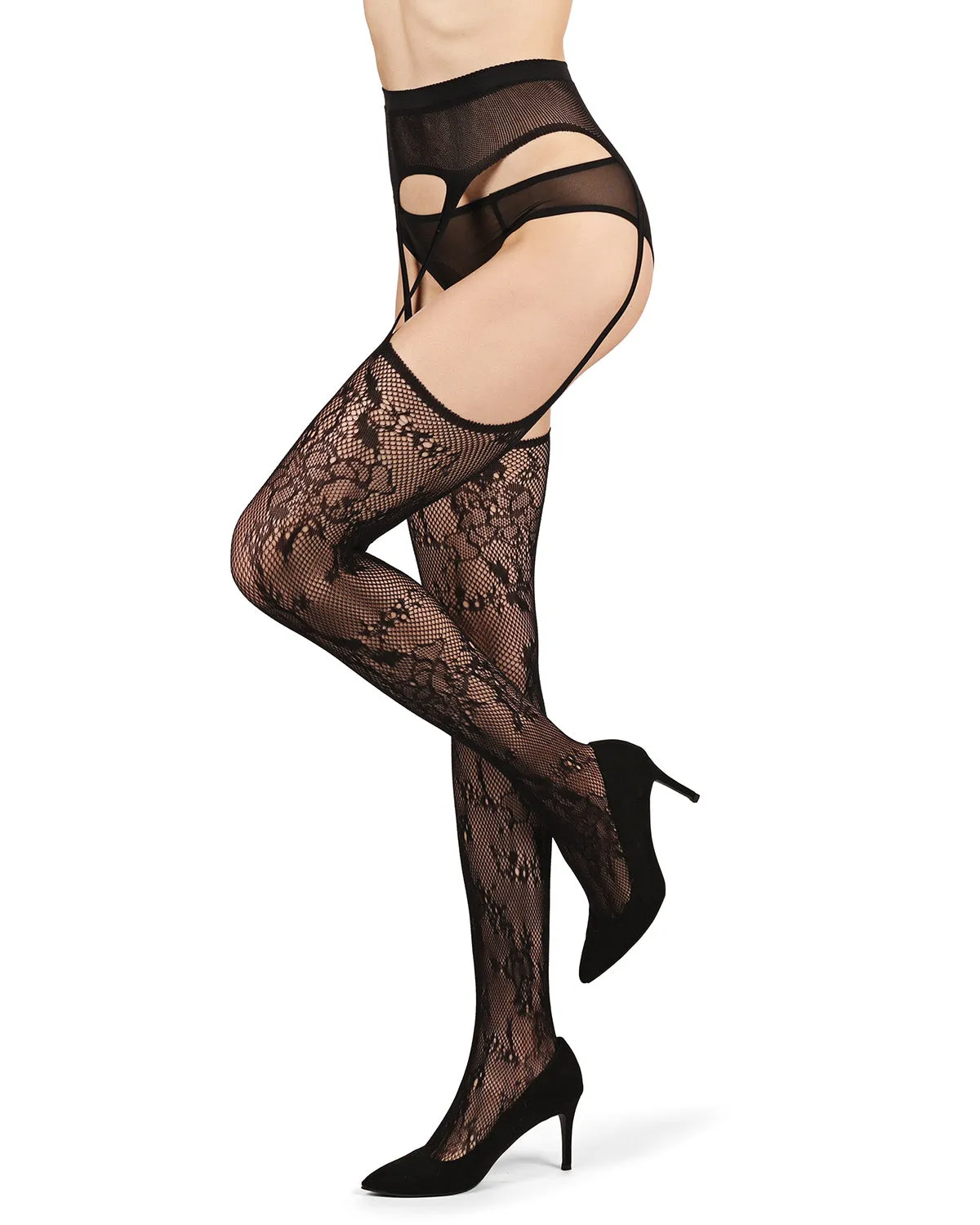 Women's All-In-One Lace Suspender Floral Fishnet Tights