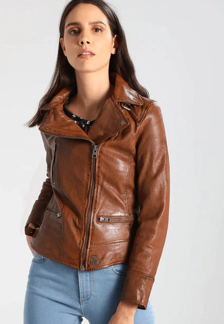 Women's Classic Brown Leather Biker Jacket