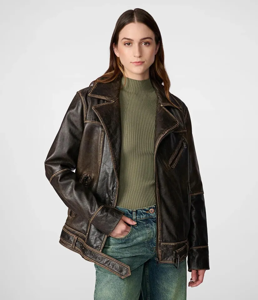 Women's Oversized Distressed Leather Moto Jacket