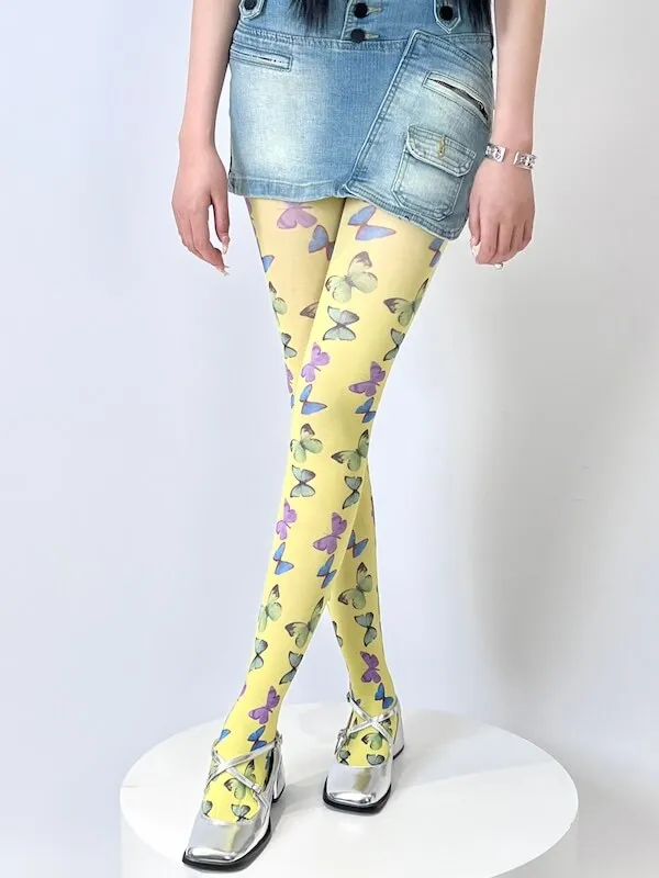 Y2k subculture butterfly print tights