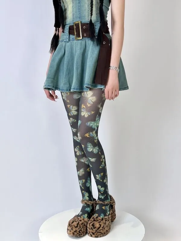 Y2k subculture butterfly print tights